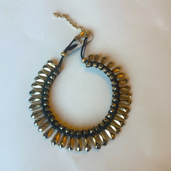 NWT Chicos Rhinestone and Leather Gold and Black statement Necklace - Picture 4 of 7